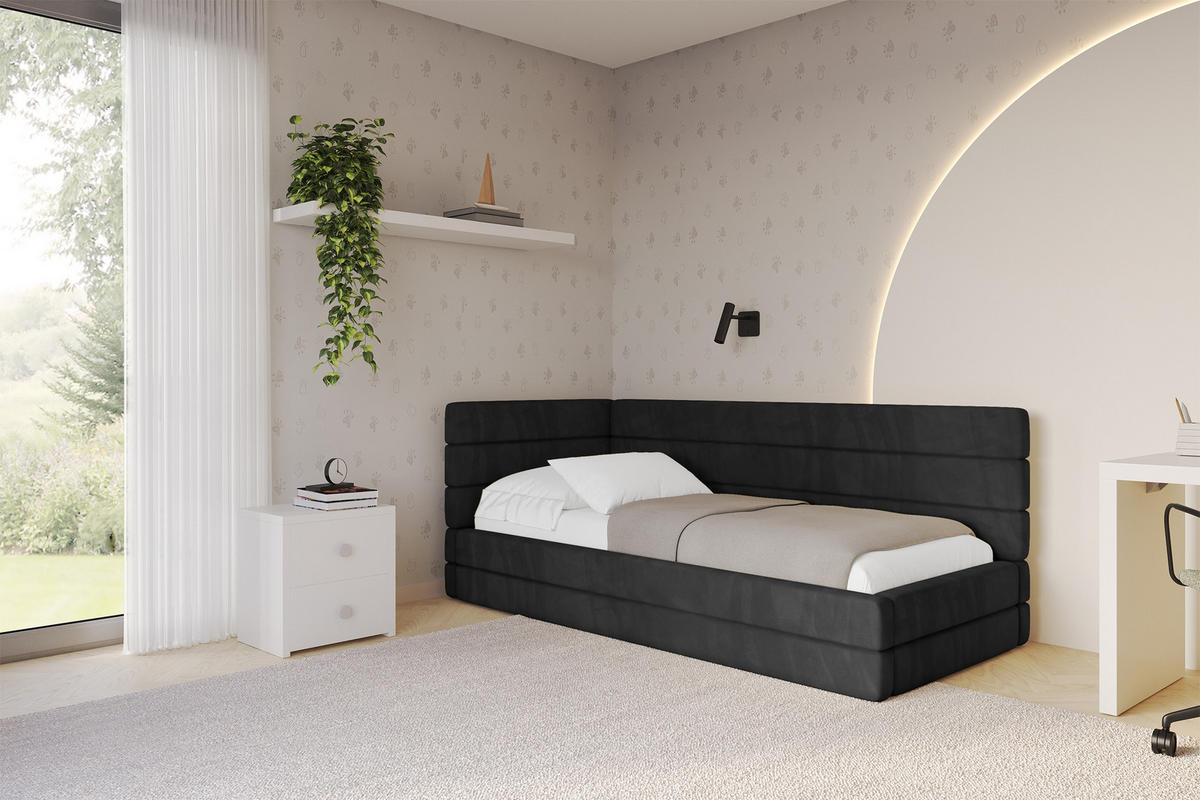 EINZELLBETT Jugendbett mit Bettkasten, Rechts - BEMY 90x200 Schwarz - Anthrazit, Holzwerkstoff/Textil (90/200cm) - ALTDECOR
