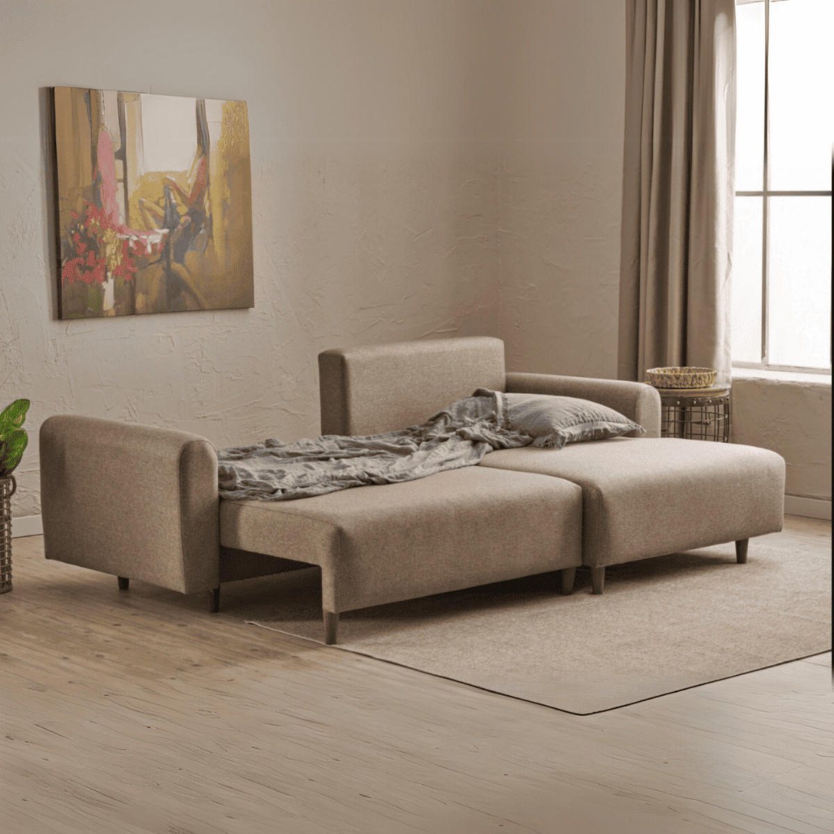 ECKSOFA mit Schlaffunktion und rechtsseitiger Récamiere aus Stoff - mane 246/160/85 cm - Taupe, Holz (160/246cm) - Calicosy