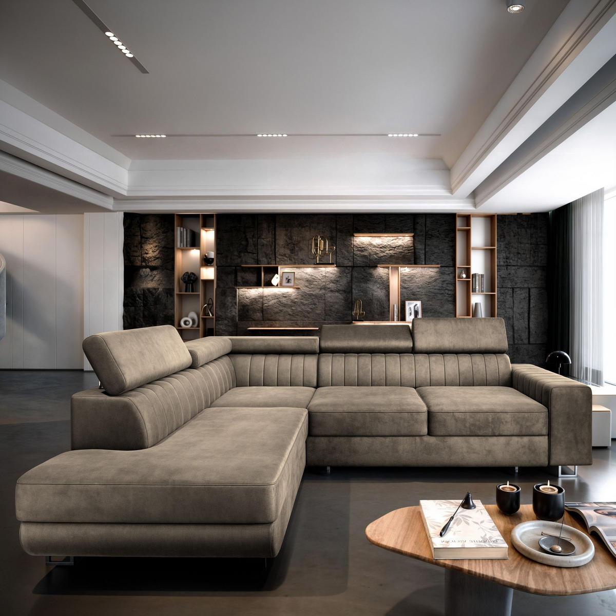 ECKSOFA NOLA L-S Beige Velours-Stoff mit Schlaffunktion - Beige, Holz (253/190cm) - MASSENO