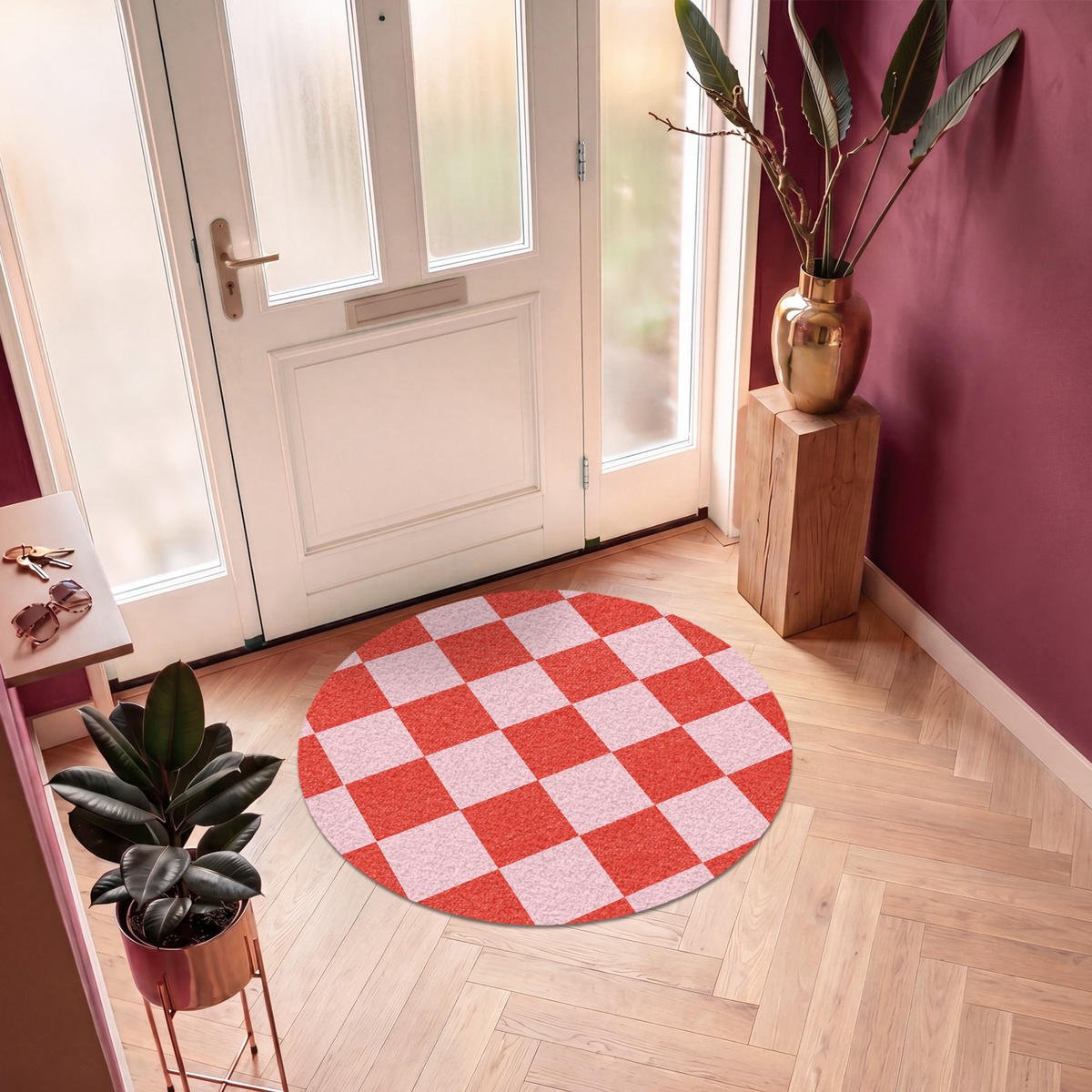 FUSSMATTE Schachbrettmuster - Rot - Rosa - Würfel Türmatte 120x120 cm - Rot, Kunststoff (120/120cm) - MuchoWow