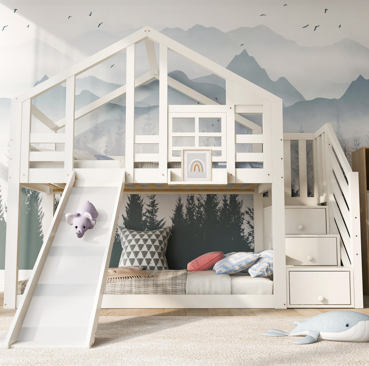 ETAGENBETT 90/200 cm mit Rutsche, Stauraumtreppe und Rausfallschutz, Weiß - Weiß, Holzwerkstoff - Redom
