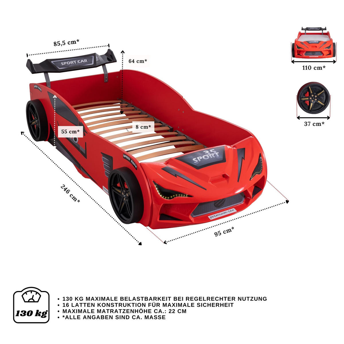 AUTOBETT 90x200 Rio Kinderbett mit LED Leuchte und Lattenrost - Rot, Holzwerkstoff (90/200cm) - Aileenstore