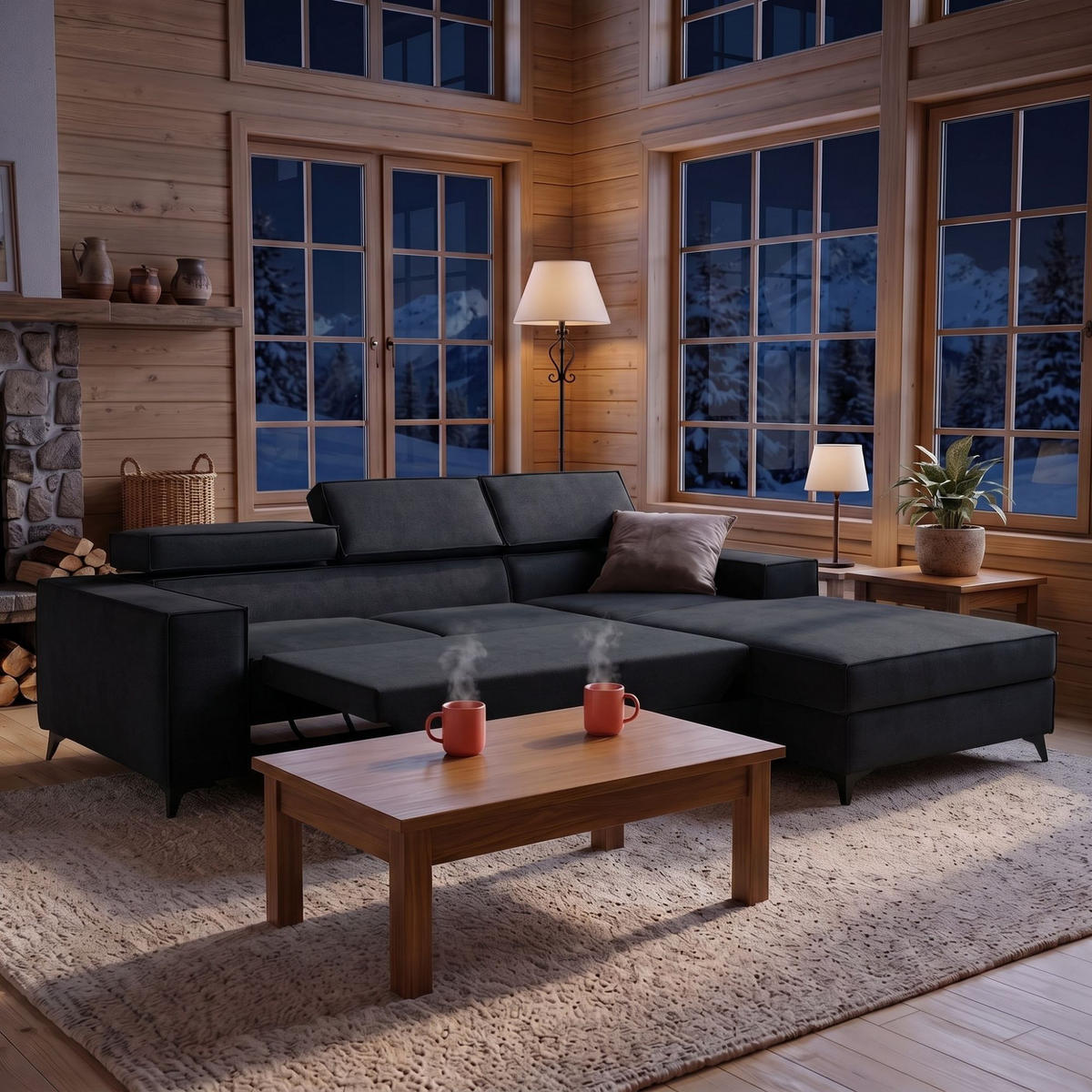 ECKSOFA PURE S Rechts mit Schlaffunktion 127x215 Velours Graphit - Graphitfarben/Schwarz, Holz/Textil (204/281cm) - Muffo