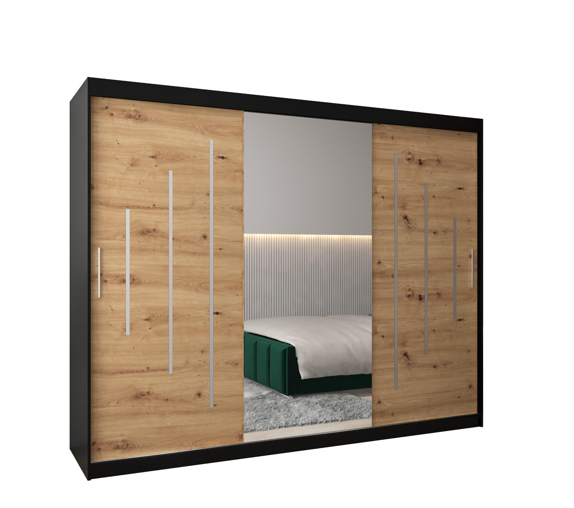 Abiks Möbel Schwebetürenschrank Schwarz, Eiche Artisan 250x200x62 cm