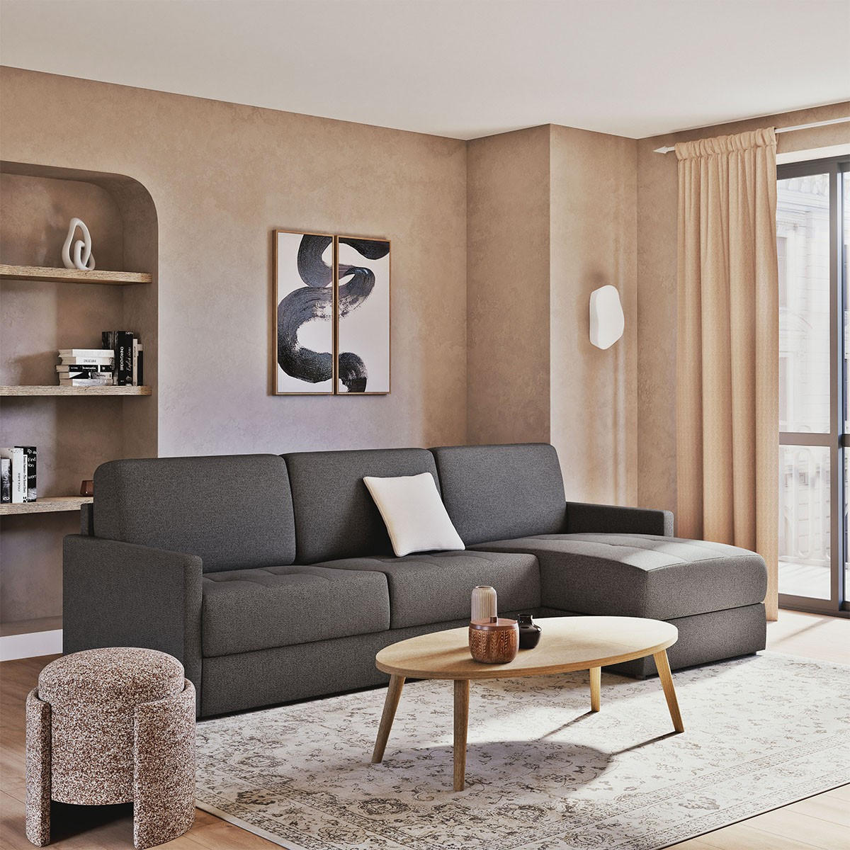 ECKSOFA mit schlaffunktion3-sitzer aus grauem stoff belluno 260/150/87 cm - Dunkelgrau, Textil (150/87/260cm) - Calicosy