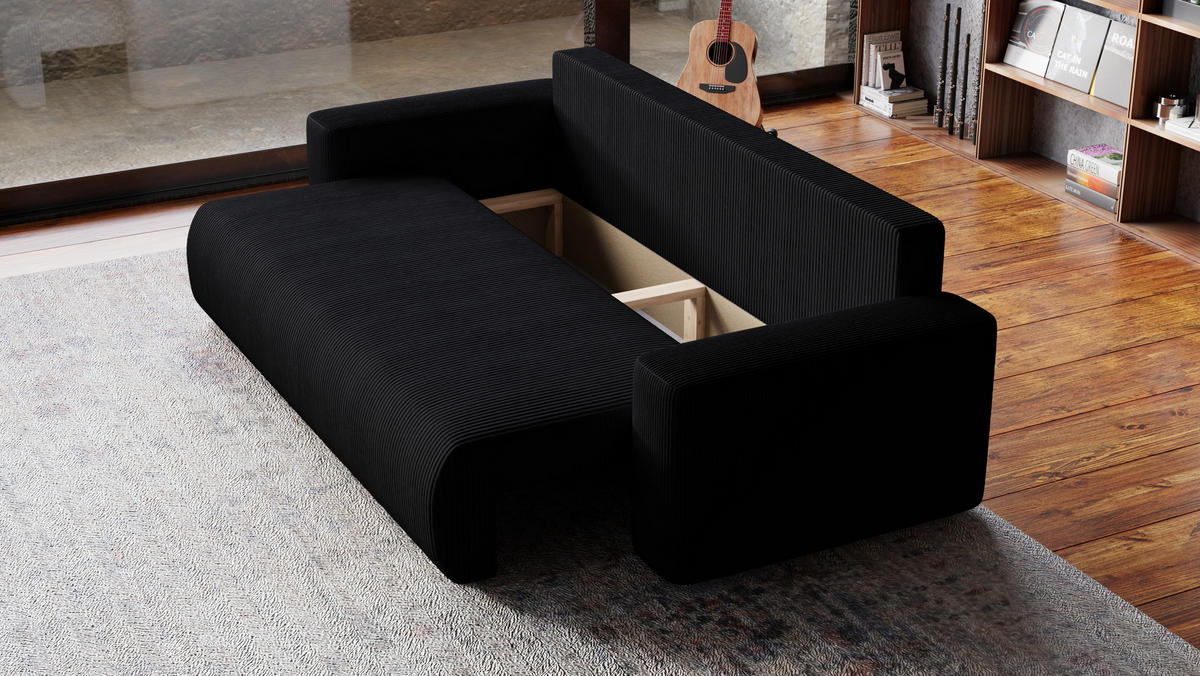 SOFA Bubi mit Bettkasten und Schlaffunktion, Cordstoff - Schwarz, Holzwerkstoff (242/85/95cm)