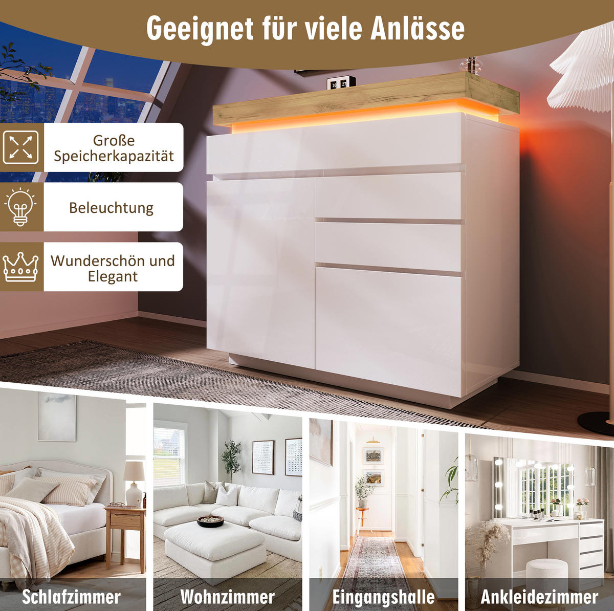 KOMMODE 110/115/39 cm Weiß aus Spanplatte mit LED-Beleuchtung - Weiß, Holzwerkstoff (39/115/110cm) - OKMYHOME