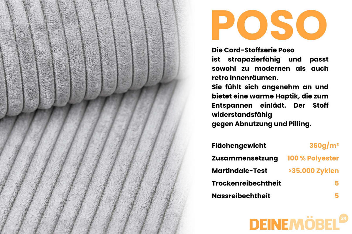 ECKSOFA TOCO L 240x145 cm in Cord Hellgrau rechts - Hellgrau, Holz/Holzwerkstoff (240/145cm) - Deine Möbel 24
