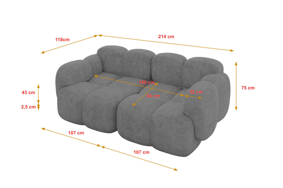 2-SITZER modulares Sofa Miko-S1 214x118x75 cm Grau Velours - Schwarz/Grau, Holzwerkstoff/Kunststoff (214/75/118cm) - ALTDECOR