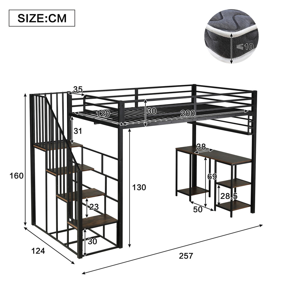 HOCHBETT 120/200 cm schwarz/dunkelwalnuss aus Metall-Holz mit Tisch - Schwarz, Metall (120/200cm) - OKWISH