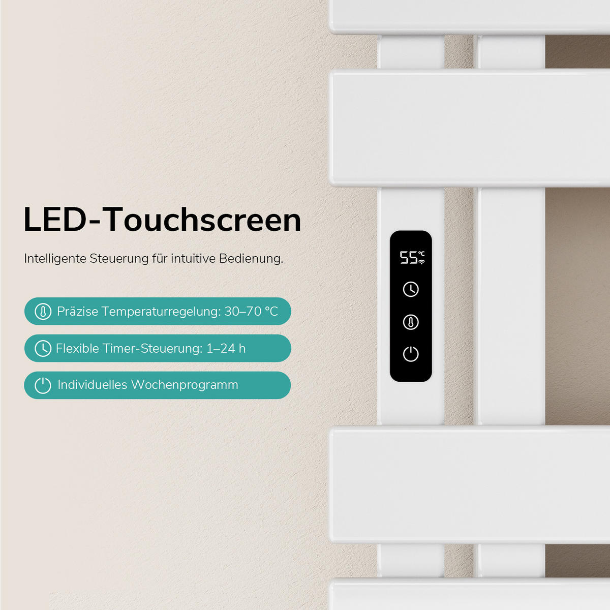 HANDTUCHHEIZKÖRPER Elektrisch mit Thermostat, App- und Sprachsteuerung Weiß 85/40 cm - Weiß, Metall (40/85/11cm) - EMKE