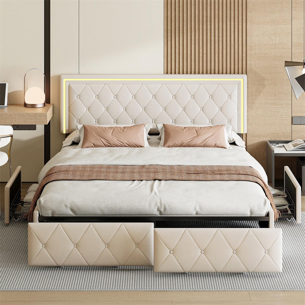 POLSTERBETT 160x200 cm - Doppelbett mit 4 Schubladen und LED-Kopfteilbeleuchtung - Creme-Weiß - ohne Matratze - Beige, Textil (160/200cm) - DELFA