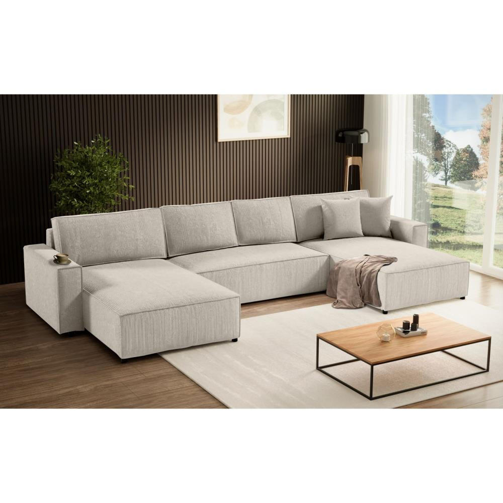 WOHNLANDSCHAFT Parys U mit Schlaffunktion creme - Creme/Schwarz, Kunststoff/Textil (390/70/185cm) - Beautysofa