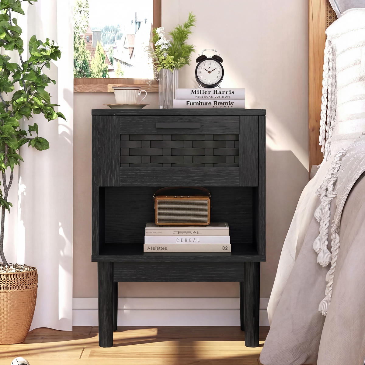 NACHTTISCH 2er Set Holz Rattan Schublade offenes Fach schwarz - Schwarz, Holz (30/55/40cm) - LEBENLANG