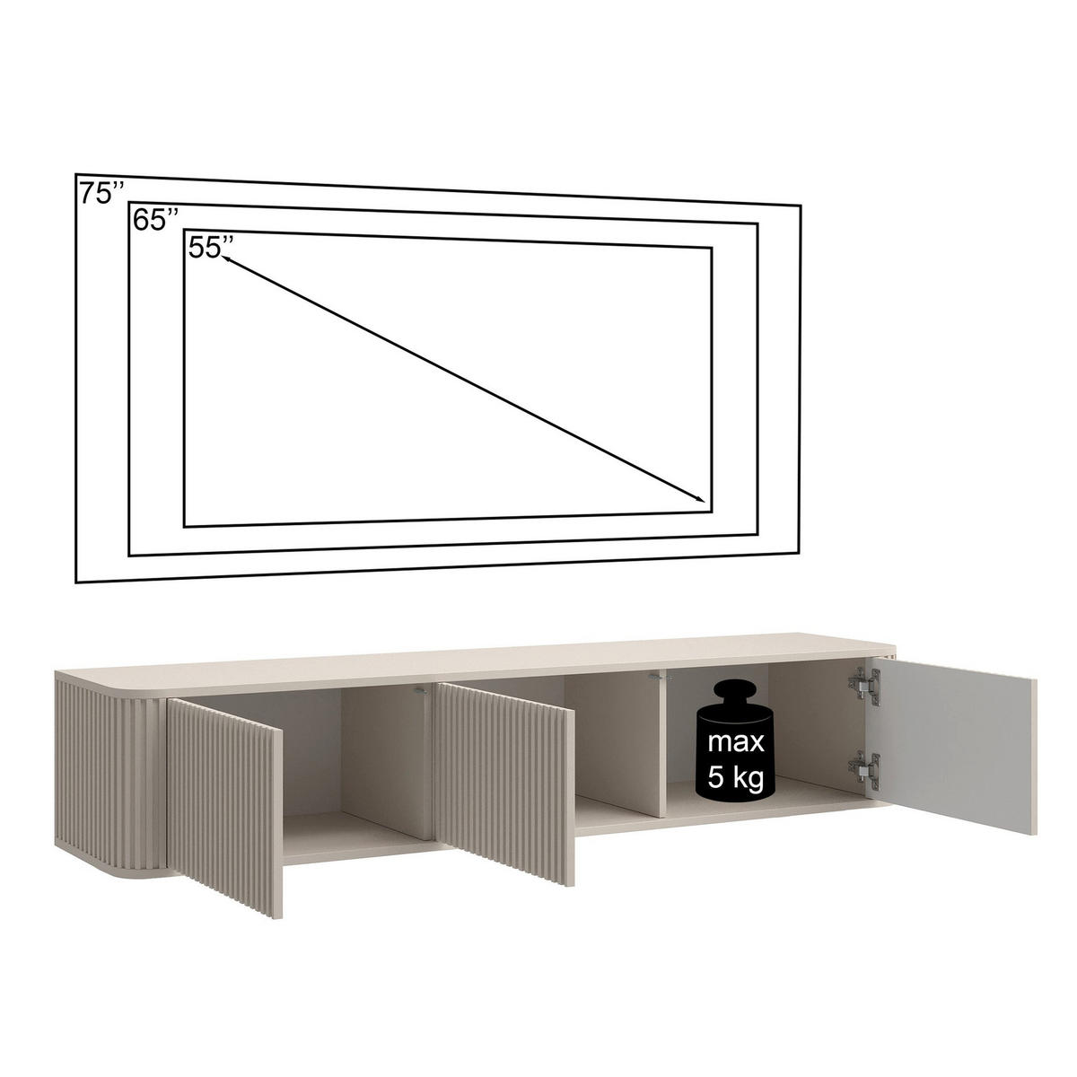 TV stolek Ovarlo černý s drážkovanými čely 163/49/38 cm - černá, kompozitní dřevo (163.2/31.2/38cm) - Selsey
