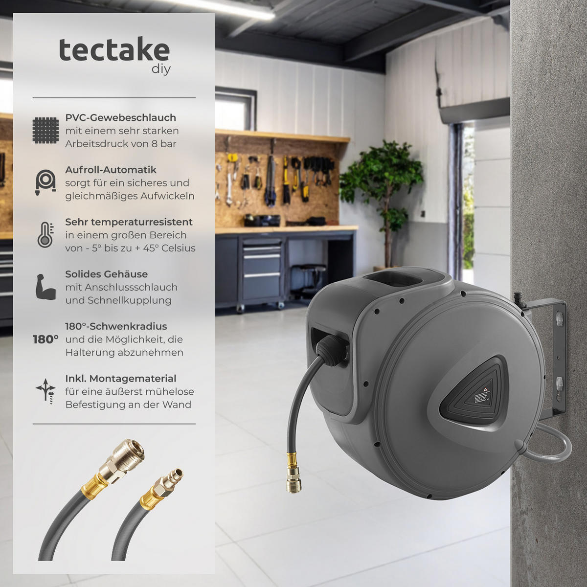 DRUCKLUFTSCHLAUCH mit Trommel, inklusive Montagematerial,grau - Grau, Textil (23/41/62cm) - tectake