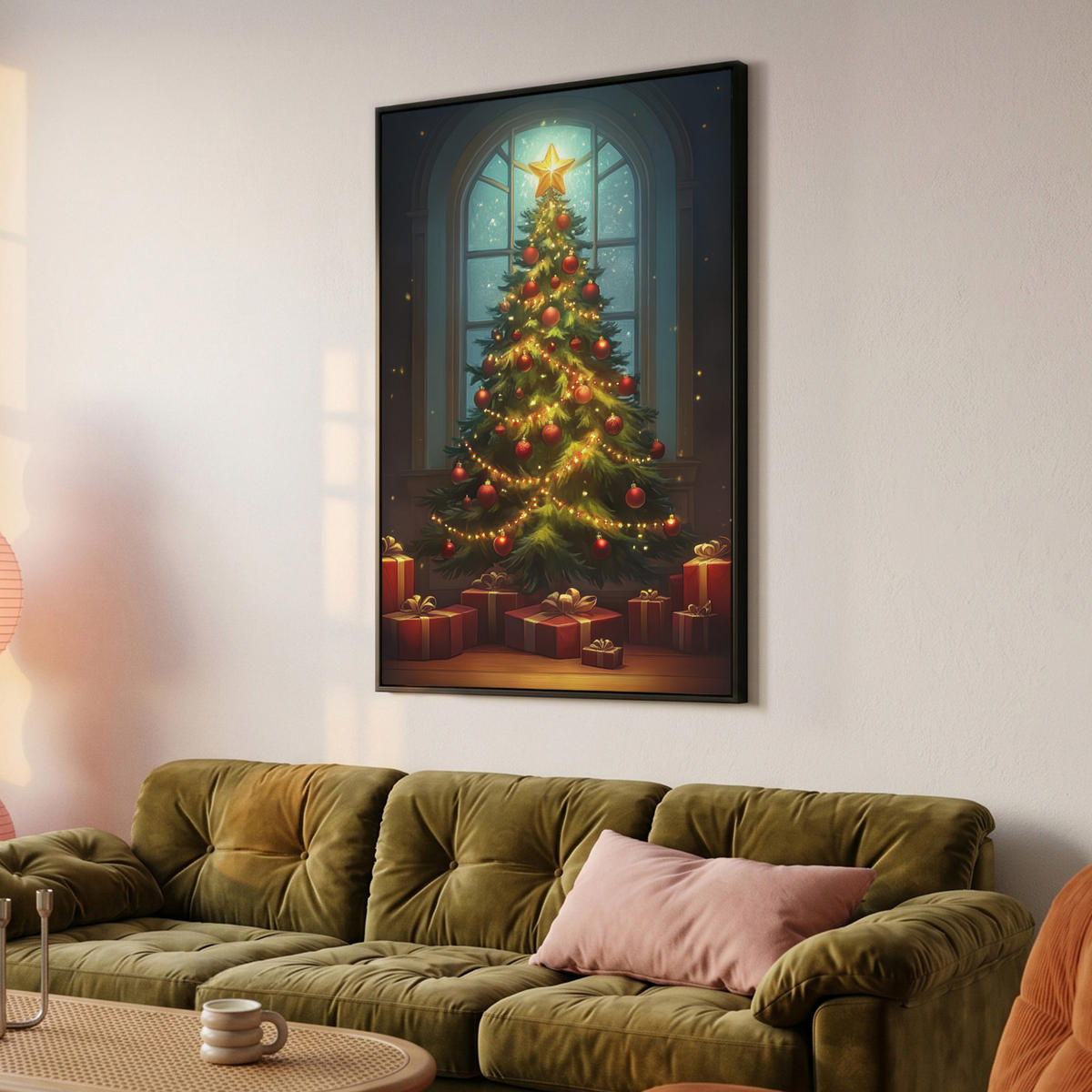 LEINWAND Bilder mit Rahmen - Weihnachtsbaum - Geschenk - Winter - 100x150 - Grün, Textil (100/150cm) - MuchoWow