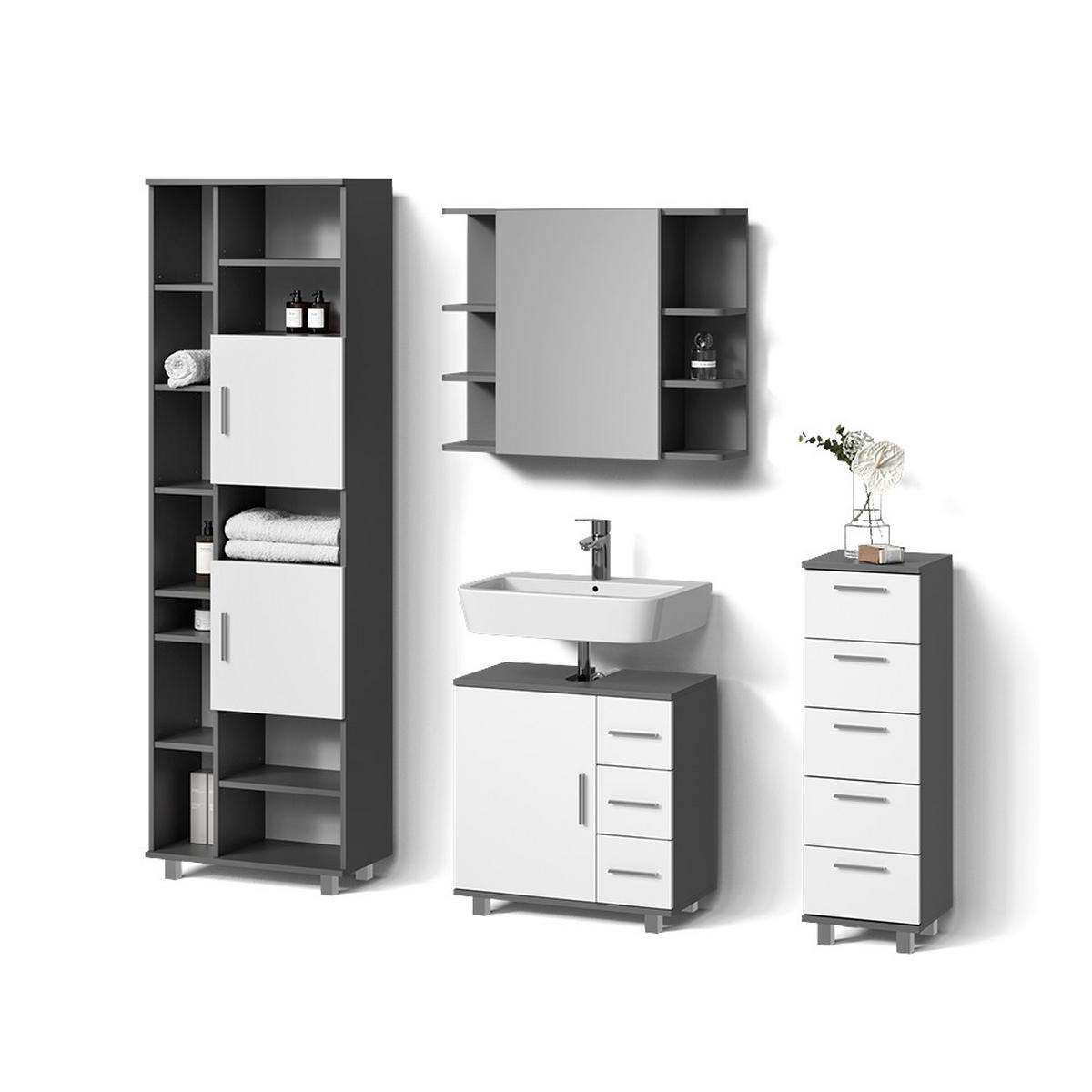 BADMÖBEL-SET Eisak Anthrazit 4 Teile - Anthrazit/Weiß, Holzwerkstoff (60/60/33cm) - Livinity®