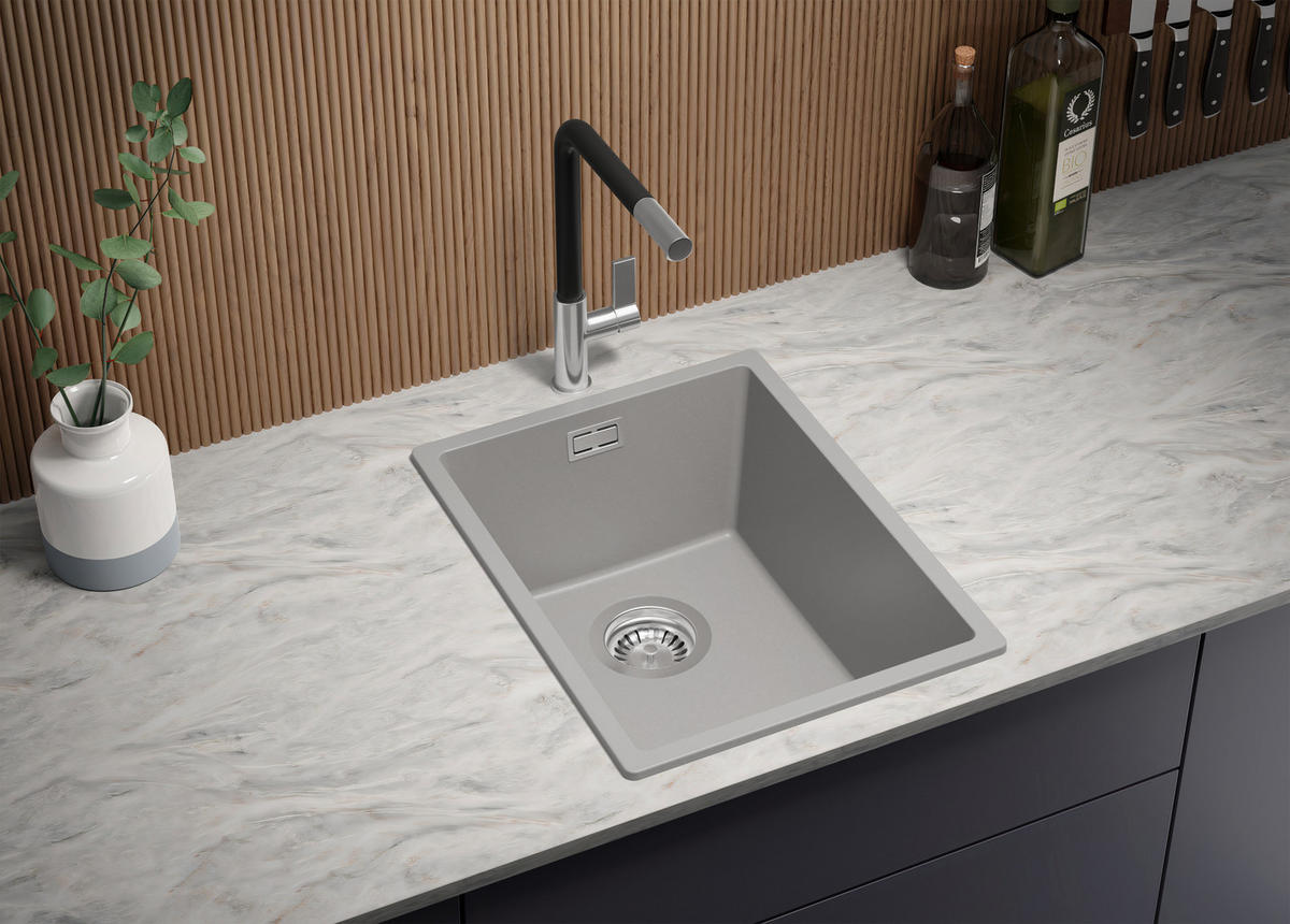 GRANITSPÜLE London Slim, 2-er set Grau 36/47 cm 1 Becken + Küchenarmatur 32/20 cm + Ablauf-Set ab 40er Unterschrank - Grau, Kunststoff (36/20/47cm) - Primagran