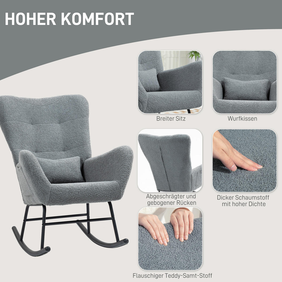 SCHAUKELSTUHL, Schaukelsessel mit Teddystoff-Optik, Armlehne, Seitentasche Grau - Grau, Textil (67/100/95cm) - HOMCOM