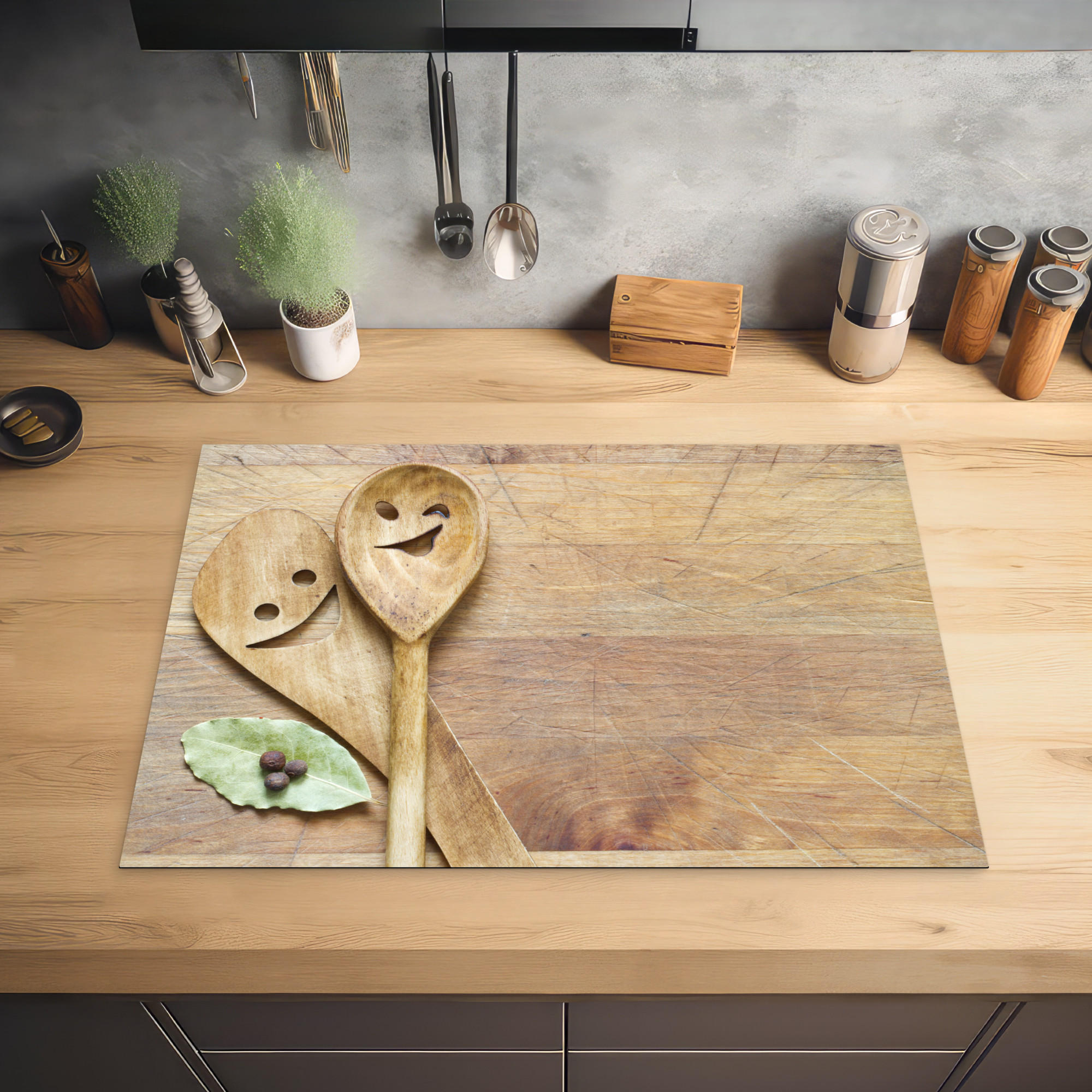 HERDABDECKPLATTE Holz - Löffel - Braun - Smiley 75x52 cm - Hellbraun, Kunststoff (75/0.2/52cm) - MuchoWow