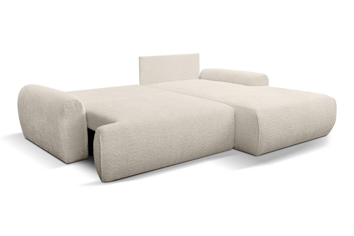 ECKSOFA Moon in L-Form mit Schlaffunktion und Bettkasten, Farbe: Beige, Bouclé-Stoff, Ottomane Rechts - Beige, Textil (260/136cm) - VENASI MÖBEL