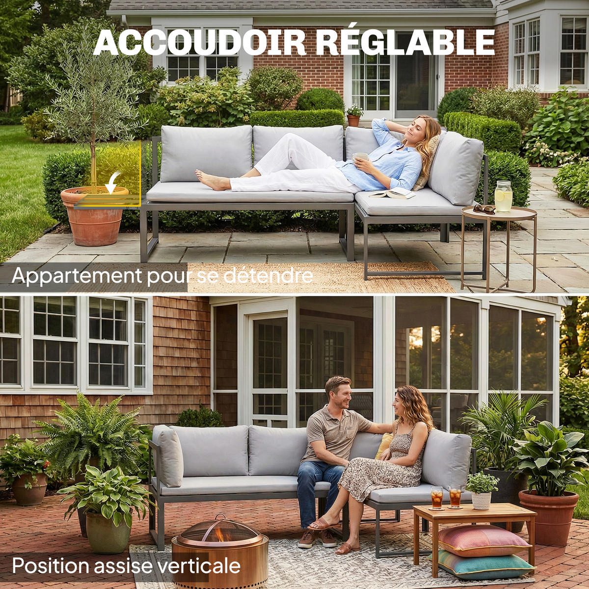 GARTENSET DE-13527 3-teilig mit verstellbaren Armlehnen Grau - Grau, Metall - ComfortXL