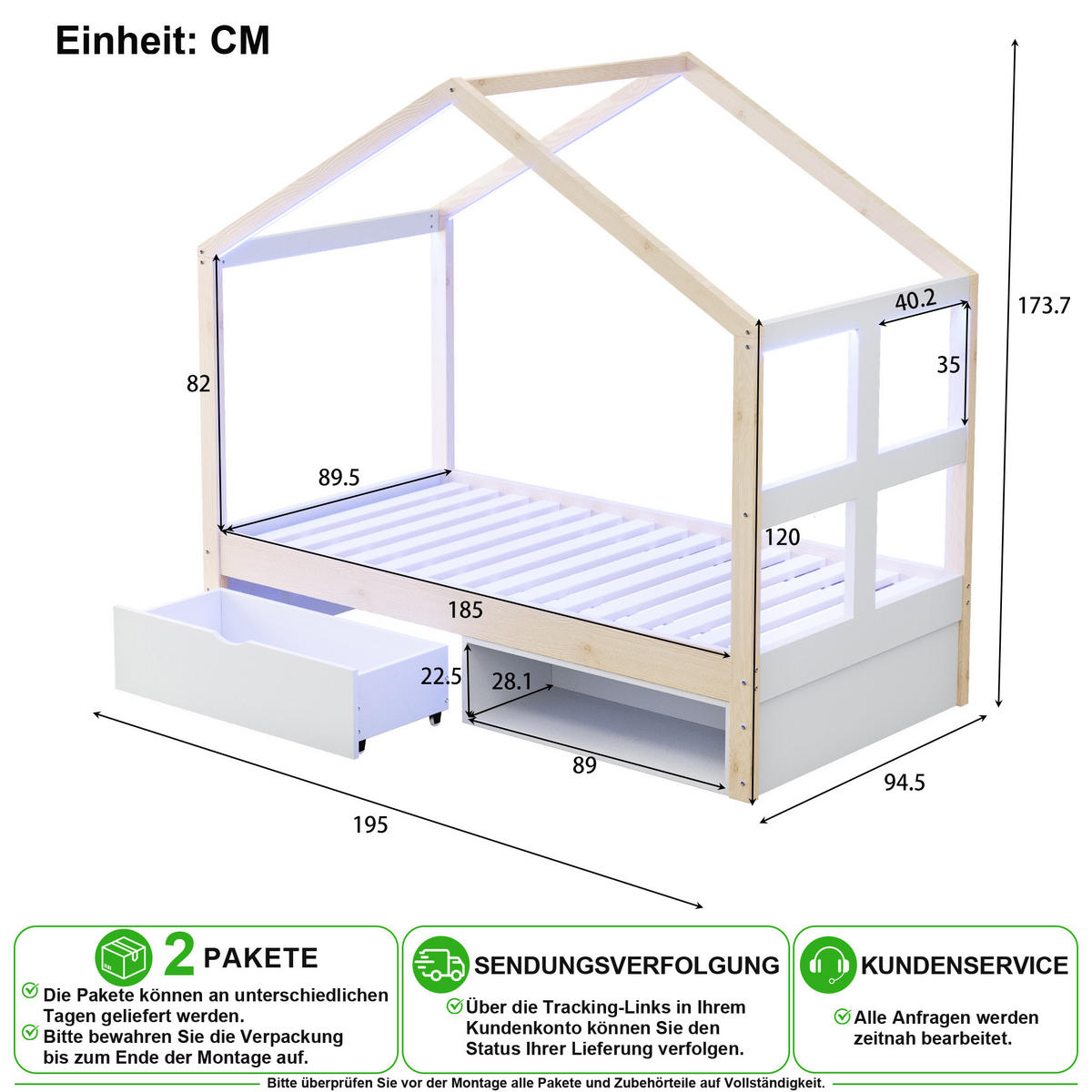 HAUSBETT 90/190 cm in Natur mit Schublade, Schuhschrank und LED - Naturfarben, Holz/Holzwerkstoff (90/190cm) - CHICFURN