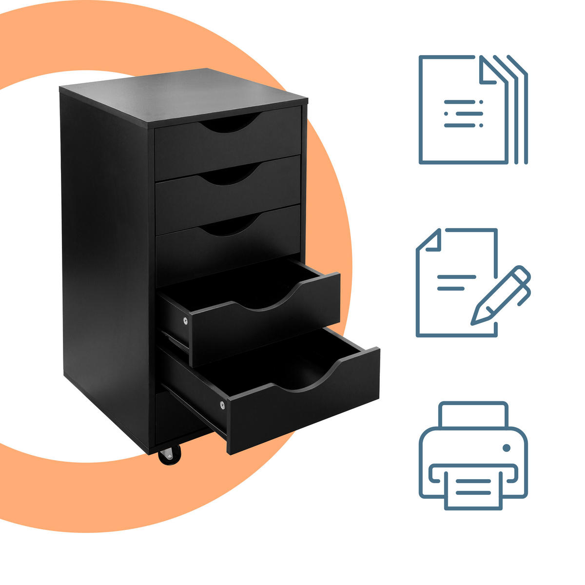 ROLLCONTAINER Schwarz 6 Schubladen MDF 78 cm - Schwarz, Holzwerkstoff/Kunststoff (40/78/40cm) - Relaxdays