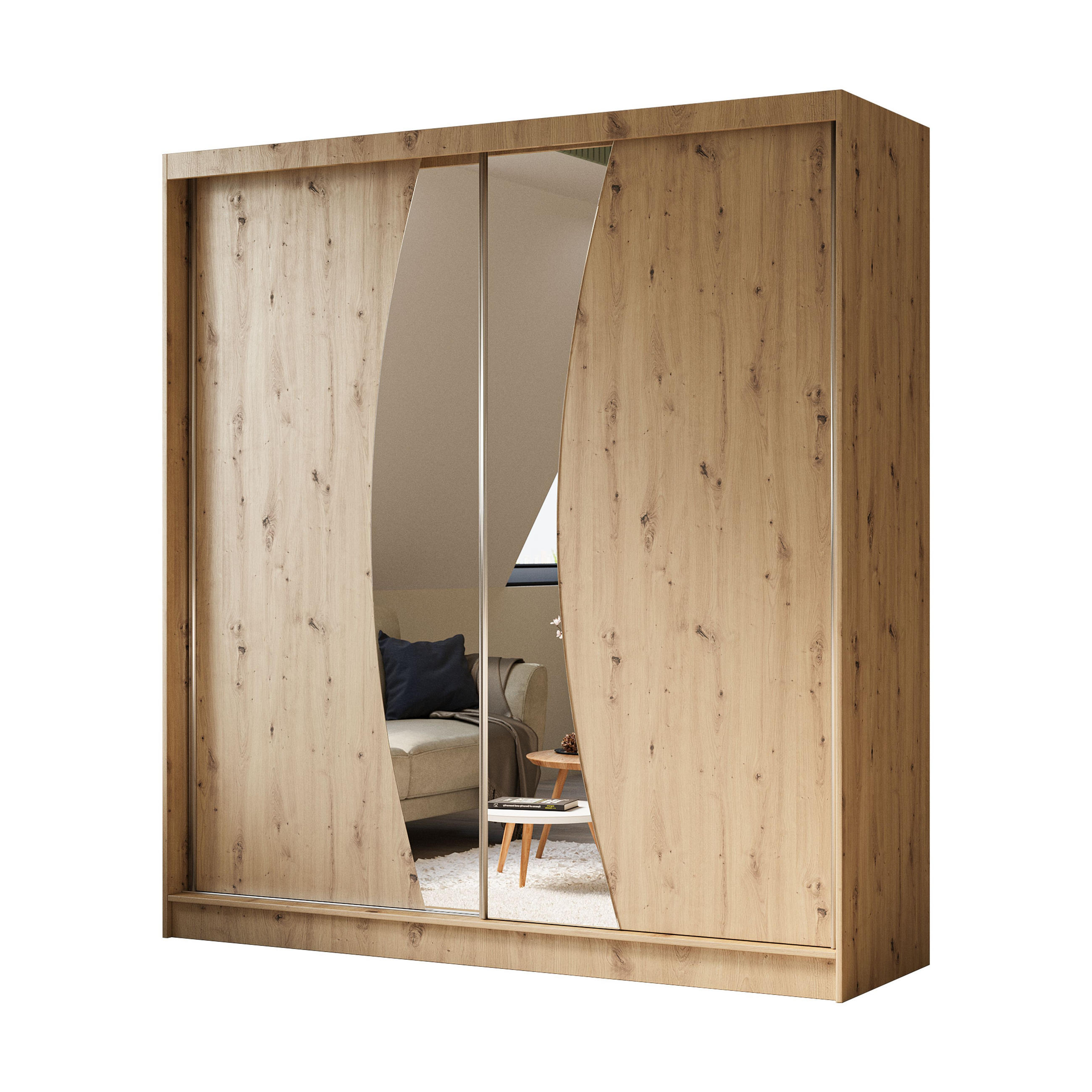 SCHWEBETÜRENSCHRANK VOCE 200/216/61 cm 2-türig mit Spiegel Eiche Artisan - Eiche Artisan, Holzwerkstoff (200/216/61cm) - MASSENO