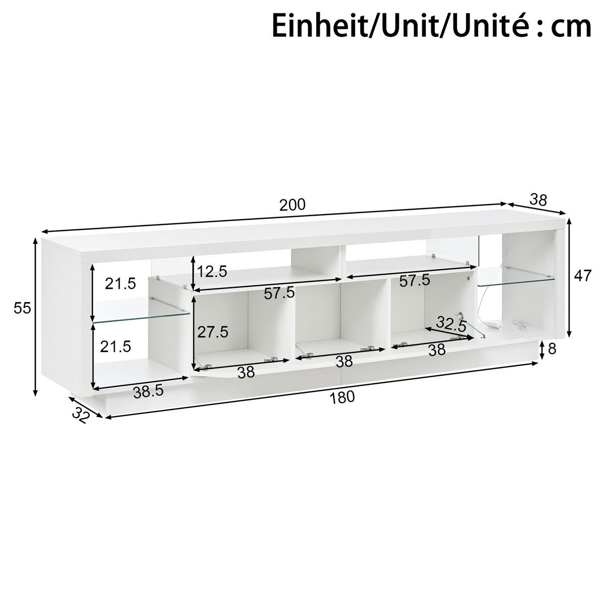 TV-SCHRANK Hochglanz 3 Türen Glasfächer LED App - Weiß, Holzwerkstoff (200/55/38cm) - FLIEKS