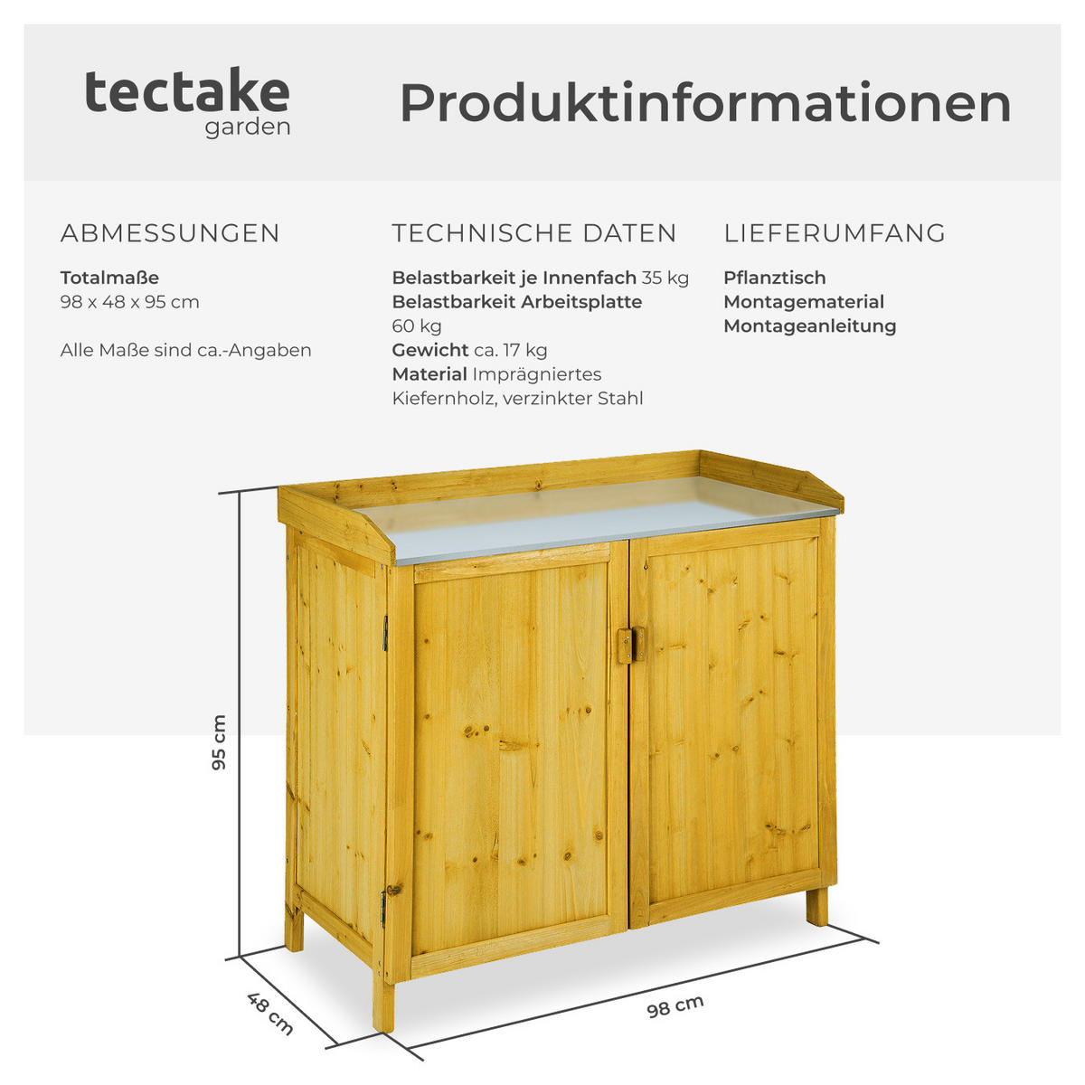 PFLANZTISCH Vita,98 x 48 x 95 cm,braun - Braun, Holz (98/48/95cm) - tectake