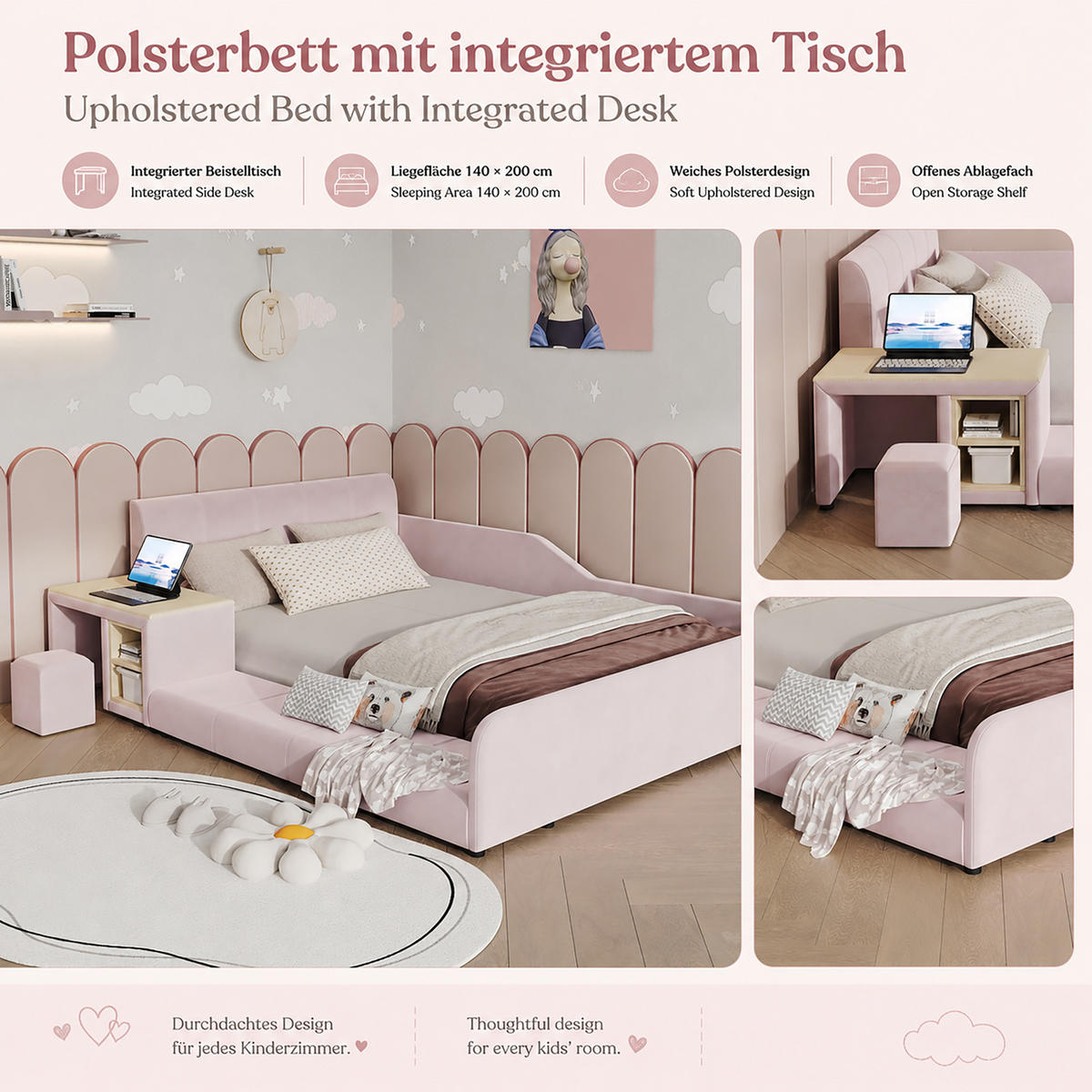 POLSTERBETT 140/200 cm in Pink mit Schreibtisch, Hocker und Ablageboden aus Samt - Kinderzimmer mit Stil - Rosa, Holzwerkstoff/Textil (140/200cm) - STILVORA