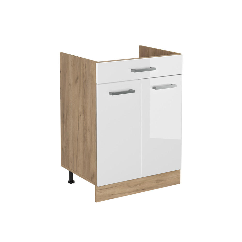 KÖKSUNDERSKÅP R-Line, Vit högblank/Goldkraft ek, 60 cm med låda utan bänkskiva Vit högglans, Honungsek 81.6/60/46 cm