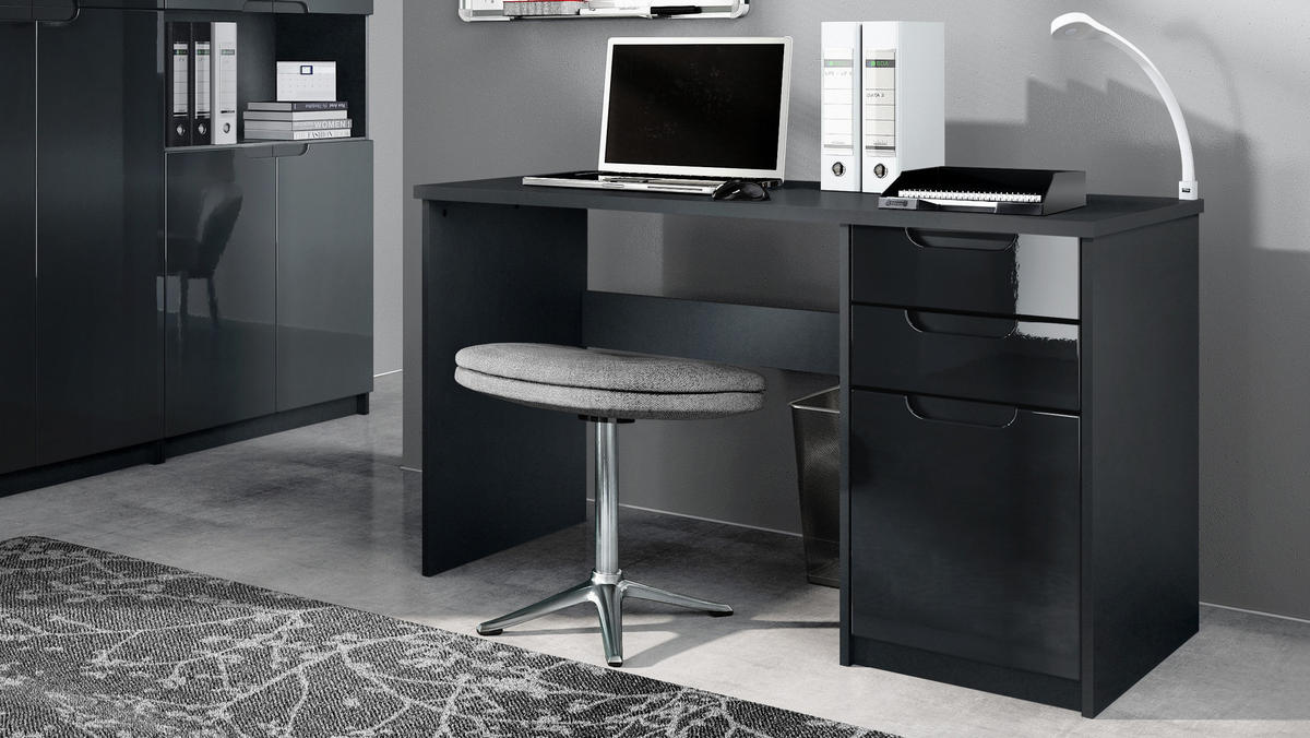 BÜROMÖBELSET Paris Schwarz Hochglanz - Schwarz Hochglanz, Holzwerkstoff (60/180/76cm) - Vladon
