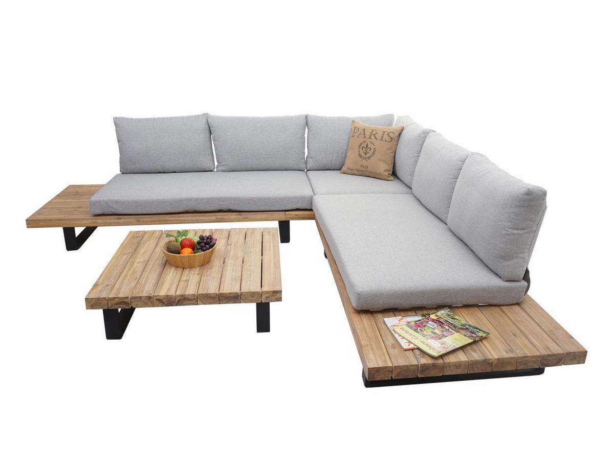 GARTEN-GARNITUR Hellbraun Polster Hellgrau - Braun, Holz - PROREGAL