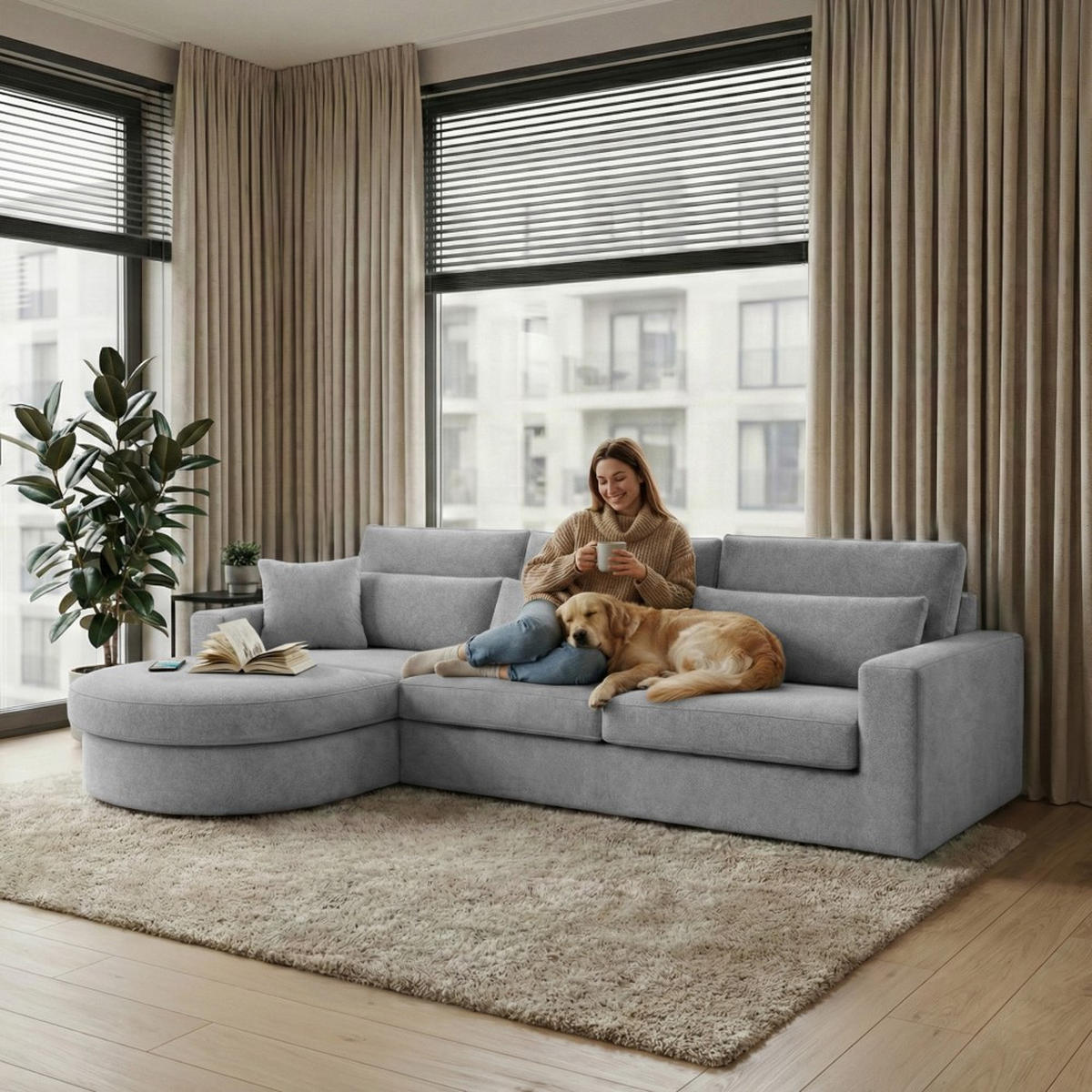 ECKSOFA Pablo ohne Schlaffunktion, mit abgerundeter Ottomane, links, Hellgrau, Velourstoff - Grau, Textil (319/196cm) - Beautysofa