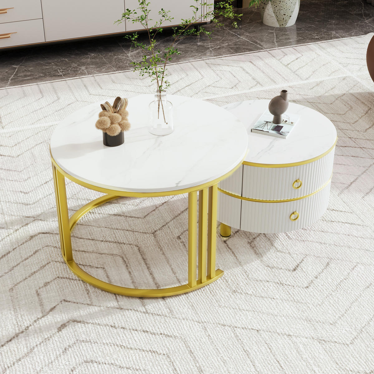 COUCHTISCH-SET, MDF mit Marmormuster und Hochglanzplatte, 2 runde Tische mit Schubladen, 70/70/46 + 50/50/40 cm, Gold und Weiß - Weiß, Holzwerkstoff (70/70/46cm) - Redom