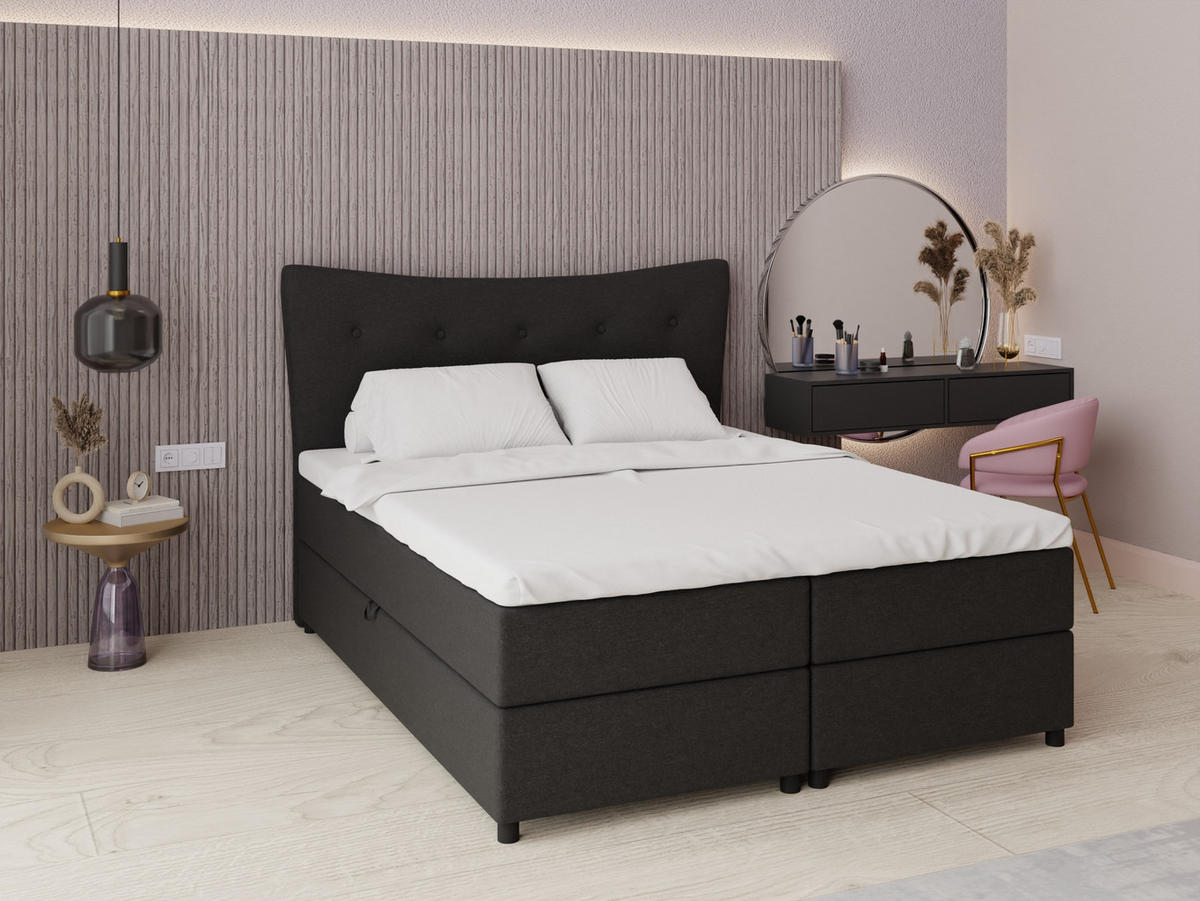 BOXBETT Nevada 160 x 200 cm Doppelbett mit hochwertiger Bonell-Matratze und Topper - schwarz - Schwarz, Holz (160/200cm) - Panda Möbel