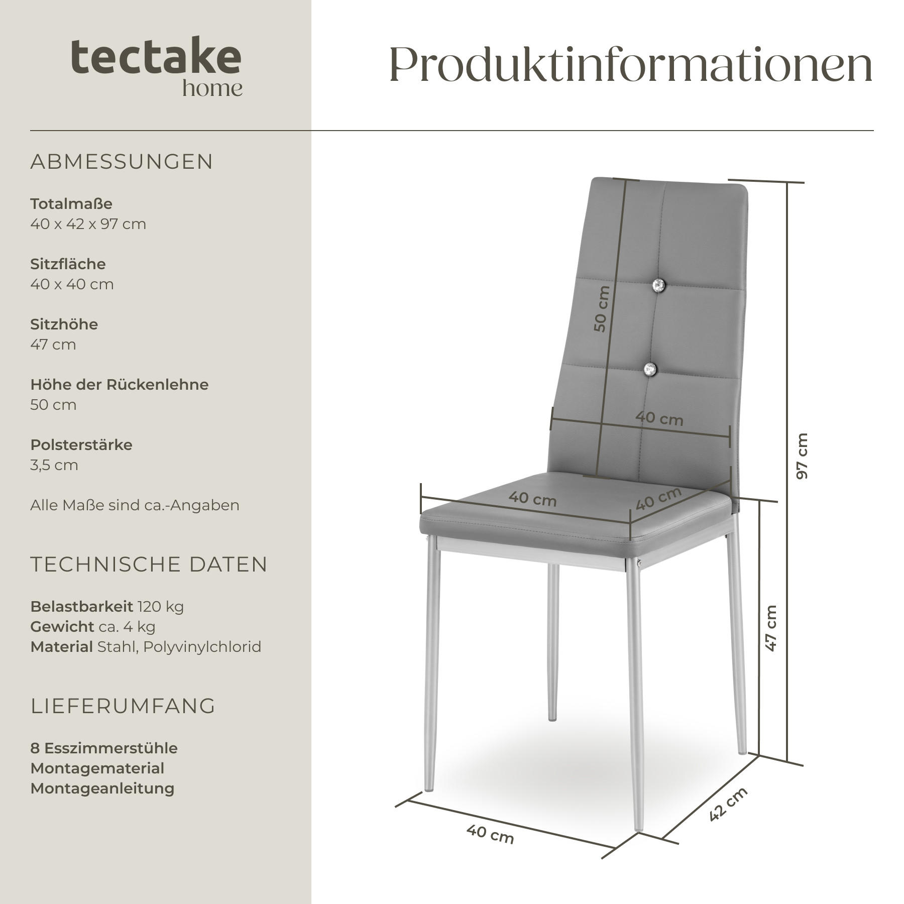 Thumbnail - tectake Esszimmerstuhl, Grau, Textil, 42x97x40 cm, Esszimmer, Stühle, Esszimmerstühle, Armlehnenstühle