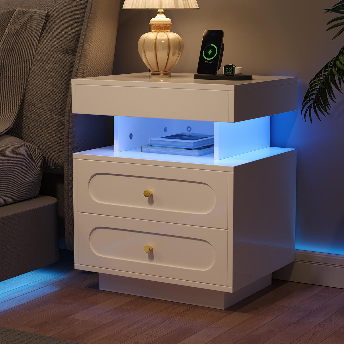NACHTTISCH LED 2 Schubladen Offenes Fach Weiß 50cm - Weiß, Holzwerkstoff (50/60/40cm) - FLIEKS