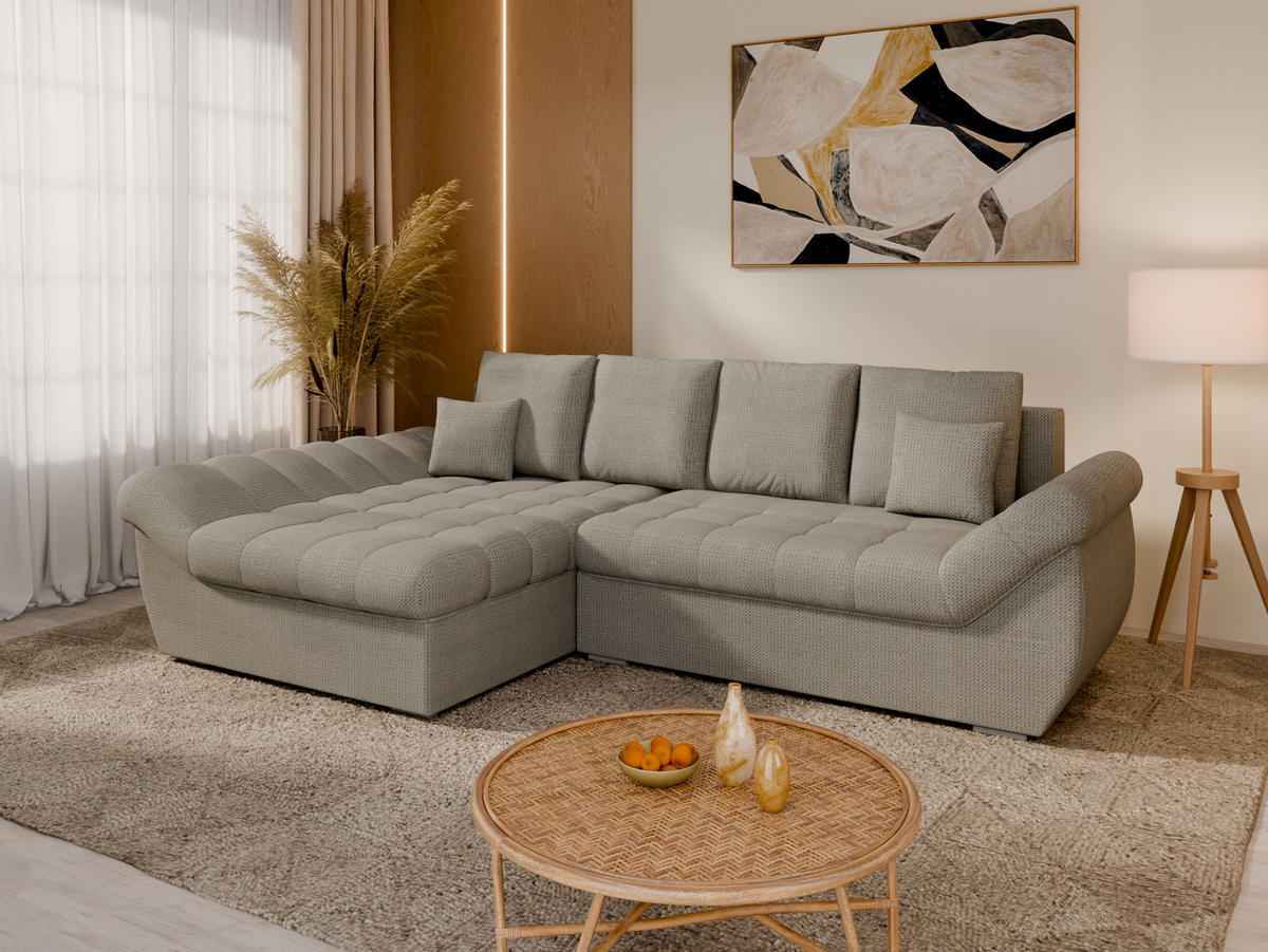 ECKSOFA ZAYA mit Schlaffunktion L-Form, Sofa mit Bettkasten, Wohnzimmersofa, Couch, Soffa, Bettsofa, LINKS- Elephant - Zinkfarben, Holz (279/175cm) - Homesy