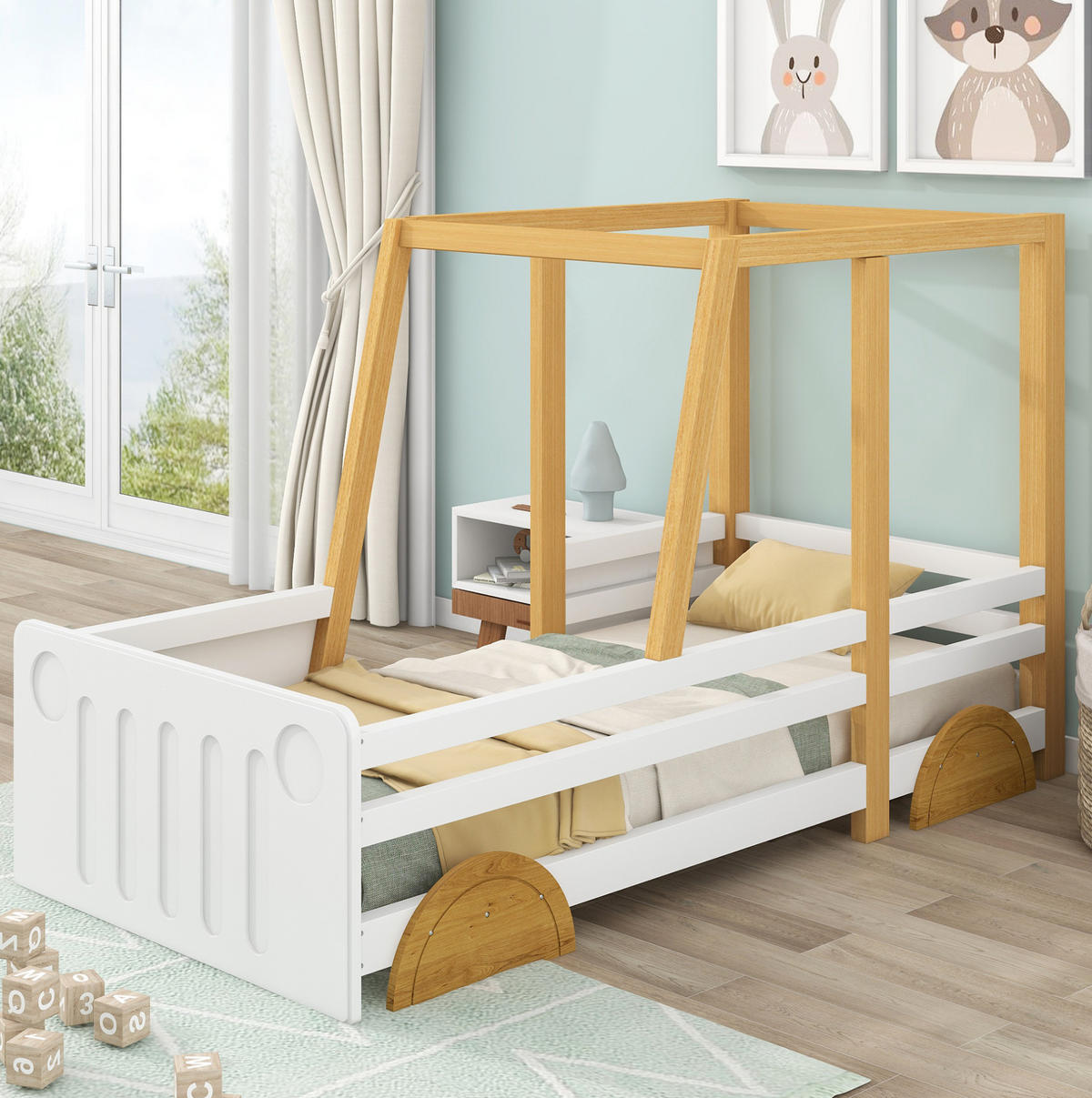 AUTOBETT 90/200 cm Weiß/Natur aus Kiefer und MDF in Auto-Form - Weiß, Holz (90/200cm) - OKMYHOME