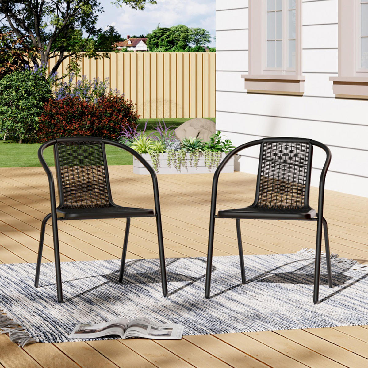 STAPELSTUHL 2er-set(2 Sthüle) aus PE-Rattan Metallgestell in Schwarz für Garten Terrase und Balkon - Schwarz, Metall (42/72/33cm) - Livingandhome