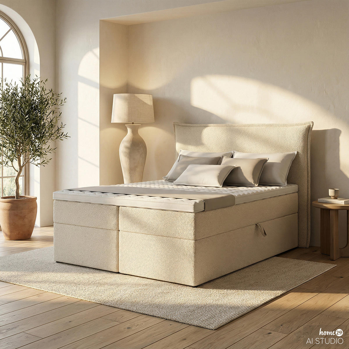 BOXBETT mit Stauraum - Bouclé - Creme, Holzwerkstoff/Textil (140/200cm) - home24