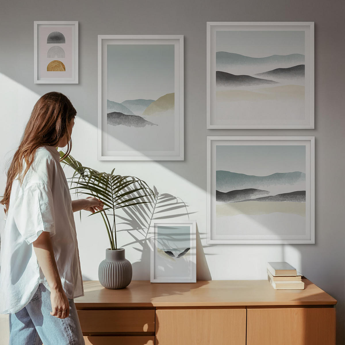 BILDER SET 5er Set - 50x50 cm & 20x30 cm & 40x60 cm Weißer Rahmen - Wellen – Japanische Kunstgrafik - Weiß, Kunststoff (40/60cm) - TULUP