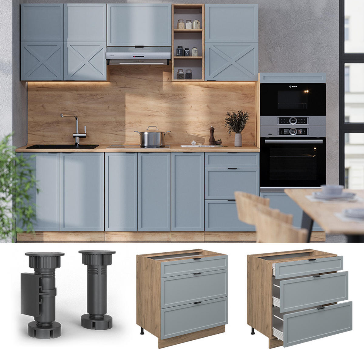 KÜCHENUNTERSCHRANK Fame-Line Hellblau-grau 80 cm mit 3 Schubladen AP Anthrazit - Honigeiche/Eiche Wotan, Holzwerkstoff (80/82/60cm) - Vicco