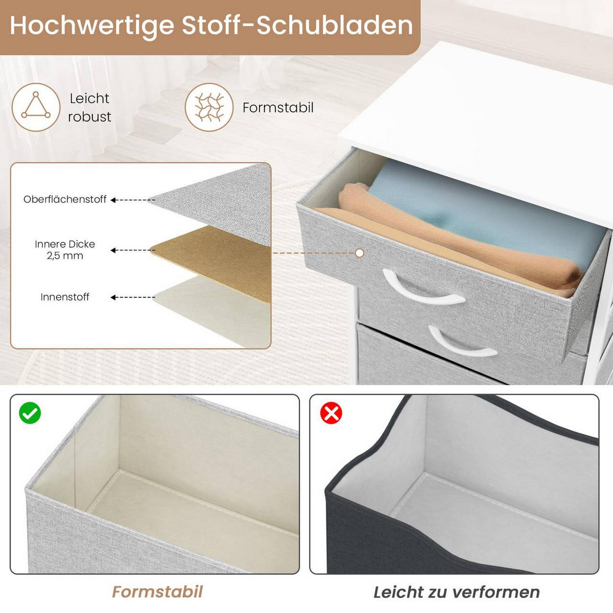 KOMMODE mit 5 Schubladen, aus Holzwerkstoff, Hellgrau - Hellgrau/Weiß, Holzwerkstoff/Textil (45.5/95.5/30cm) - Woltu