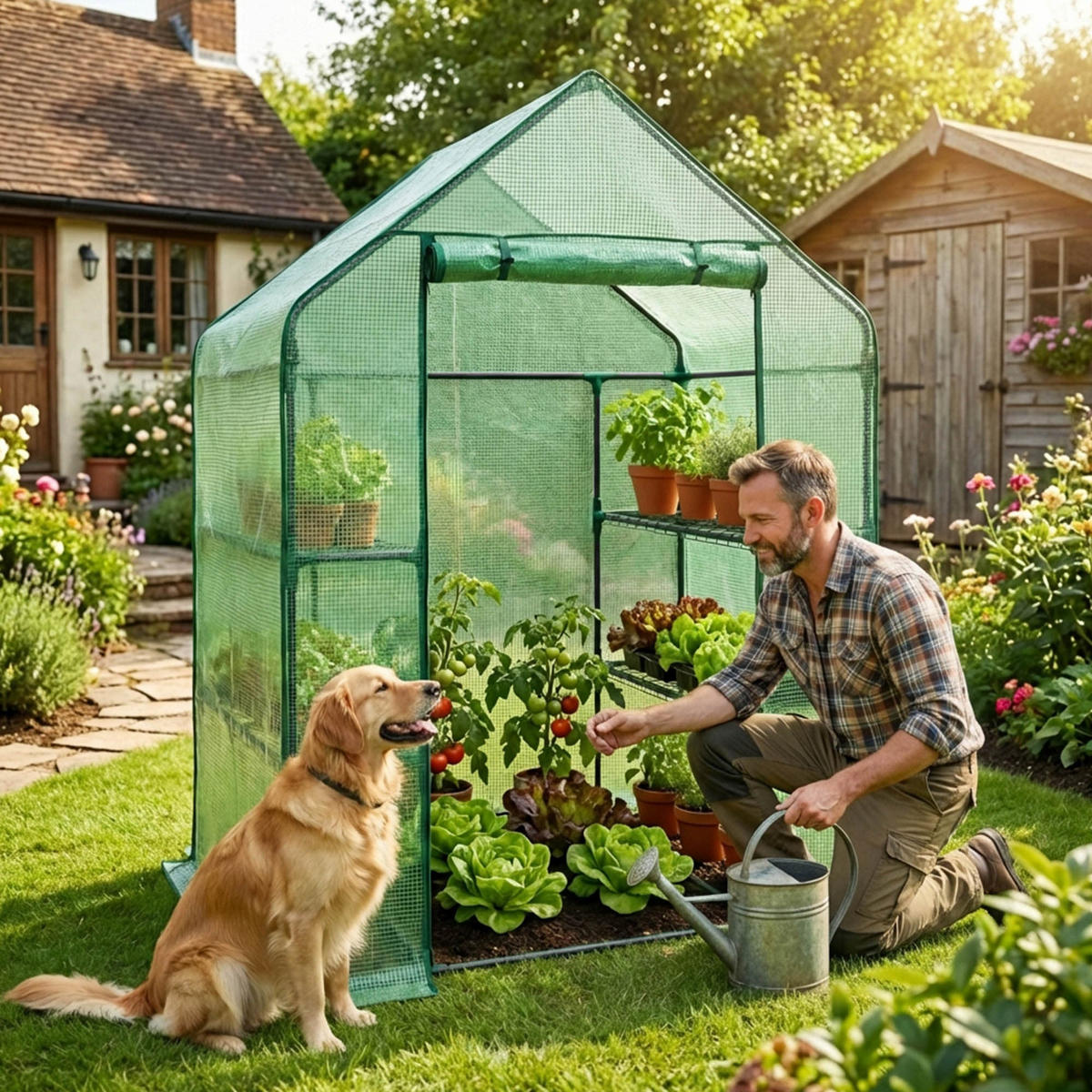 MINI Gewächshaus in Hausform, Grün, 143x73x195 cm - Grün, Metall (143/195/73cm) - Akord