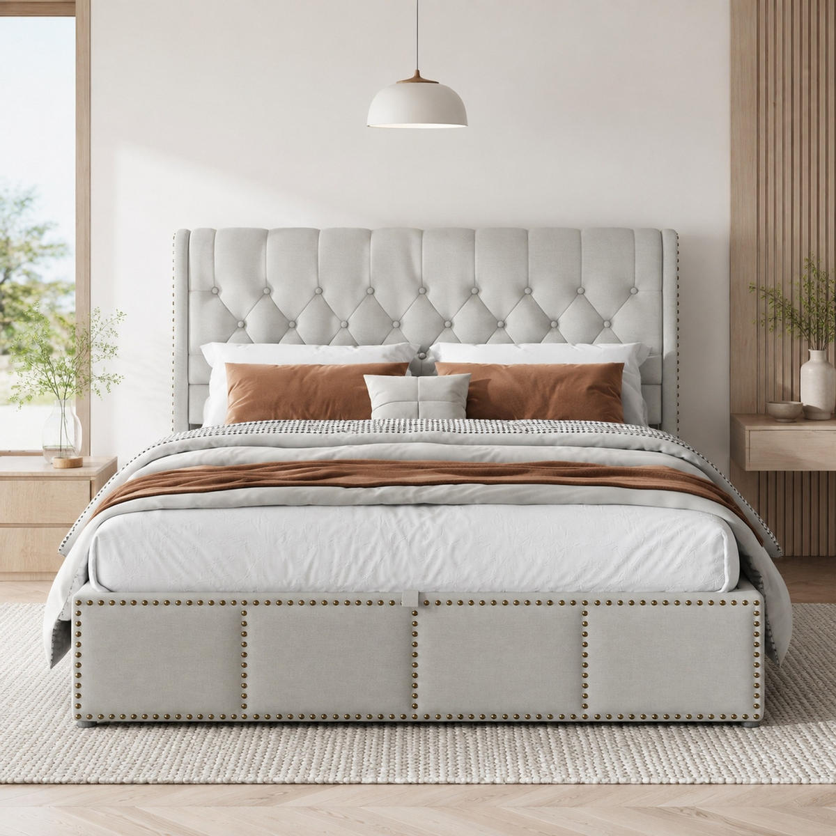 POLSTERBETT 140/200 cm in Grau Leinen mit Bettkasten und Nieten - Hellgrau, Holzwerkstoff/Textil (140/200cm) - CHICFURN